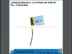 LP602535-500mAh-1 3.7V+PCM+JST PHR-2P बैटरी